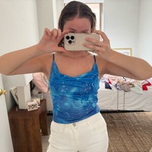 Vintage Bright Blue Patterned Cowl Neck Tank Top